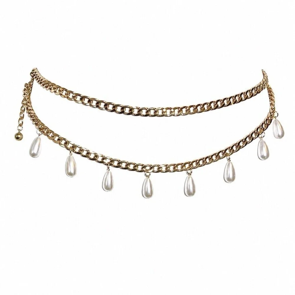 Vintage Pearl Teardrop Dangle Double Layer Gold Curb Chain Belt womens large XL